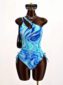 Zestiva Women's Random Print Drawstring Halter One-Piece Swimsuit, Suitable For Beach Vacation, Spring/Summer - Multicolor - View 1