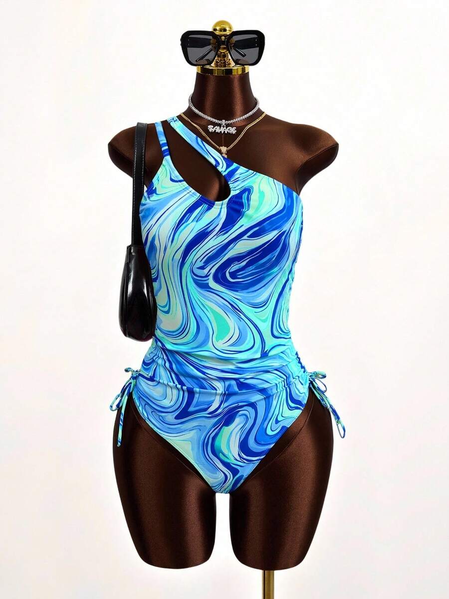 Zestiva Women's Random Print Drawstring Halter One-Piece Swimsuit, Suitable For Beach Vacation, Spring/Summer - Multicolor - View 1