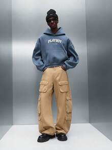 PLAYBOY X SUMWON Crop Fit Pullover Hoodie With Centre Pocket And Drawstring Hood Casual Streetwear Sweatshirt For Winter Fall - Dusty Blue - View 2