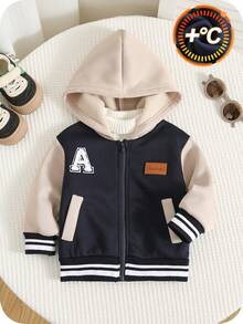 SHEIN Baby Boy Autumn/Winter Patchwork Knit Hooded Jacket, Unisex Baby Hoodies, Baby Winter Clothes - Multicolor - View 3