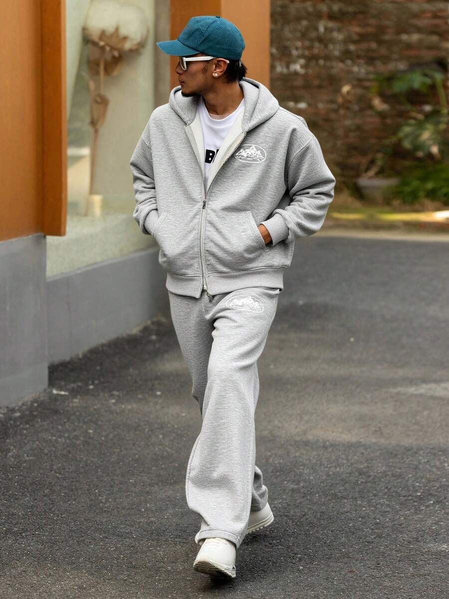 DAZY 秋冬厚款山峰图案印花连帽卫衣，街头风格男士连帽衫套装 - 灰色 - 查看 1