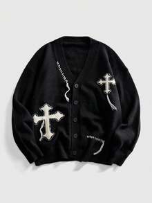 ROMWE MEN Goth 男士V领前开长袖针织休闲百搭复古十字毛衣 - 黑色 - 查看 1