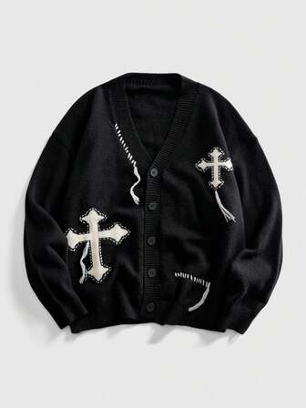 Goth Herren V-Ausschnitt Pullover mit Knopfleiste, Langarm, gestrickt, vielseitig einsetzbar, Retro-Kreuz-Design