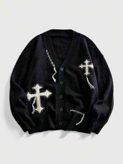 Goth Suéter cruzado casual versátil de manga larga con cuello en V y apertura frontal, de estilo retro, para hombres