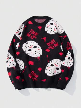 Friday the 13th X ROMWE Men's Casual Fashion Street Loose Fit Oversized Mask Pattern Sweater, Autumn/Winter