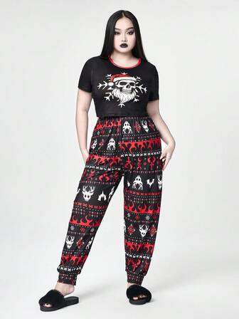 Goth Plus Size Women Dark Christmas Skeleton Print Short Sleeve T-Shirt And Pants Pajama Set