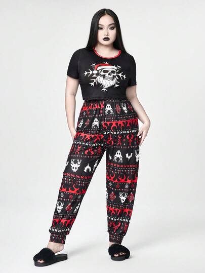 Goth Ensemble pyjama grande taille femme avec t-shirt à manches courtes et pantalon imprimé squelette sombre de Noël