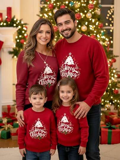 SHEIN LUNE Women's Casual White Christmas Letter & Christmas Tree Print Sleeveless Long Sleeve T-Shirt, Suitable For Autumn/Winter, Christmas, Party, Christmas Reindeer, Christmas Gathering, Christmas Party, Family Gathering, Matching Family, Couples, Sisters