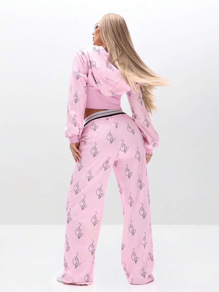 BABYPHAT Zip Through Hooded Sweatshirt With Cat Logo Print And Ribbed Hem For Casual Streetwear Style