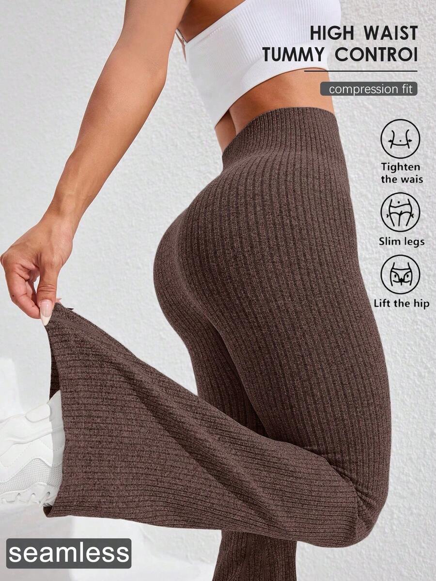 Dewbera High Waisted Seamless Solid Color Yoga Leggings Ribbed Leggings Brown Yoga Pants Seamless Leggings Workout Leggings For Women High Waisted Leggings Tummy Control Tummy Control Leggings Brown Leggings