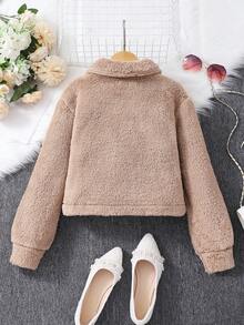 Tween Girl 纯色长袖毛领夹克，秋冬款 - 棕色 - 查看 2