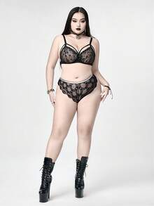 ROMWE Avant Plus Size Sexy Metallic Thread Contrast Color Lace Sheer Panties - Black - View 6