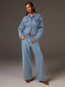 Athîral Denim 女式纯色口袋休闲百搭阔腿牛仔裤 - 淺藍色 - 查看 3