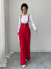 Elenzga Women's Elegant Romantic Straight Leg Pants With Suspender Waist And Button Decor - Red - View 3