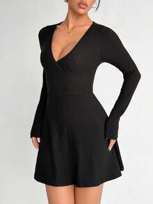 Gameset SHEIN Sport Women's Elegant Long Sleeve V-Neck Ribbed Dress Romper,Black,Autumn,Basic,Elegant,Sexy,Night Party,Asymmetric Hem Side Pockets Tennis Wrap Dress - Black - View 3