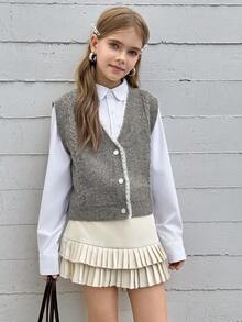 Tween Girl Contrast Lace Button Up Cardigan, Back To School For Tween Girl Autumn/Winter Look Fall - Grey - View 11