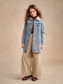 少女Y2K时尚牛仔外套，休闲街头风学院风保暖长款牛仔夹克，秋冬百搭必备女童牛仔外套，女童牛仔夹克，女童牛仔外套，少女牛仔外套，儿童牛仔外套