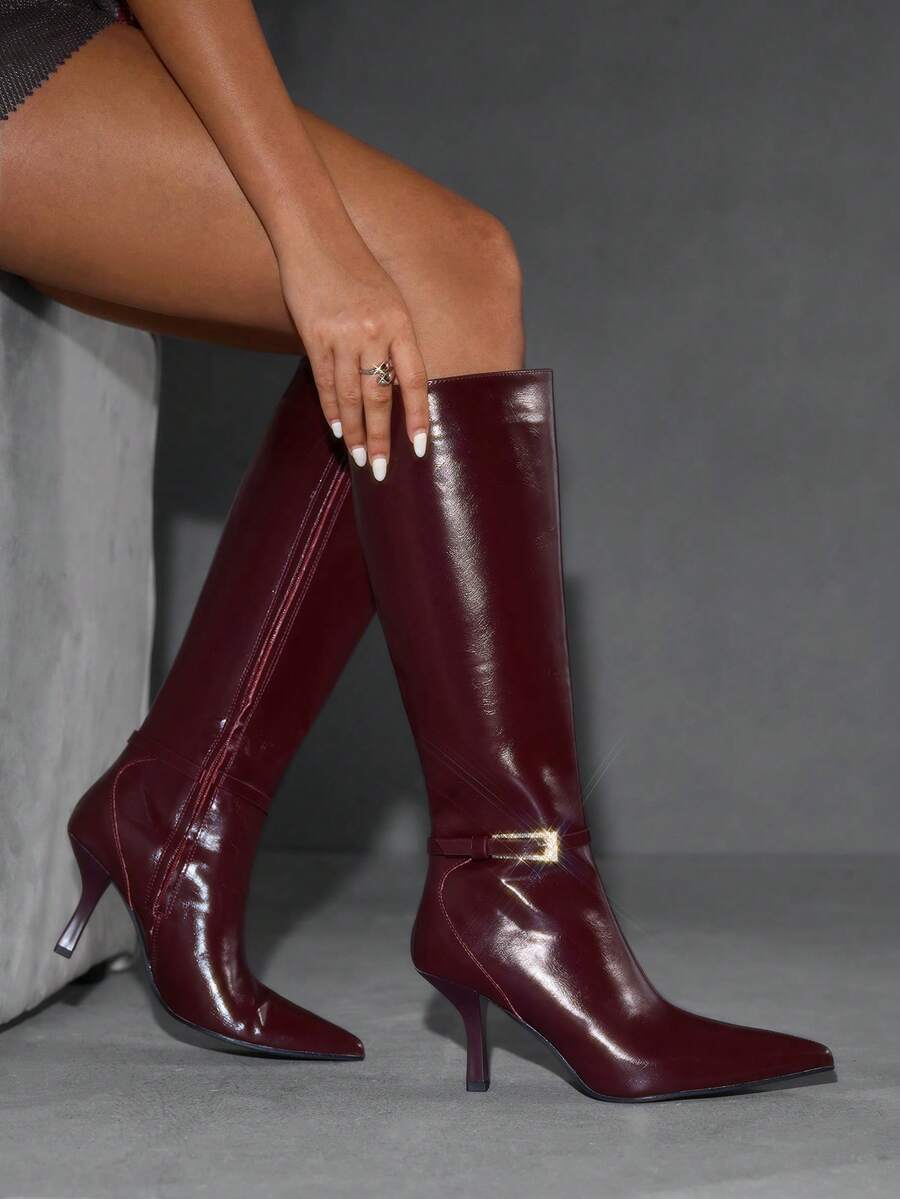 CUCCOO SZL Women's Fashionable Burgundy Buckle Knee-High Elegant Heeled Boots - Burgundy - View 1