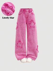 Girlism Tween-flickor, söta, härliga, fransade stjärnmönster, lösa, vida rosa jeans, för höst/vinter, vardag och streetwear, Halloween och jul, nyår, Thanksgiving, baggy jeans - Rosa - Visa 2