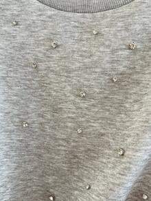 Franclia Ribbed Rhinestone Embellished Loose Cropped Women Sweatshirt