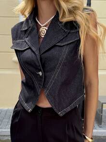 DAZY Women's Square Neck Fitted Sleeveless Casual Denim Blouse, Summer Y2k - Dark Wash - View 2