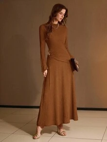 PREMIUM WOMEN'S STRUCTURED KNIT JERSEY FABRIC ELASTIC LONG SLEEVE ELEGANT DRESS - Multicolor - View 5