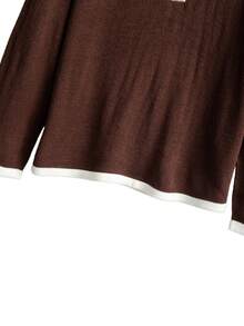 Linhara 2pcs Women's Contrast Trim Polo Neck Sweater & Pants Set, Fashion Knit Suit For Autumn/Winter - Coffee Brown - View 5