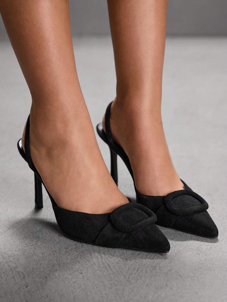 CUCCOO SZL Women's Solid Color Button Design Pointed Toe Fashion Daily Wear High Heel Mules