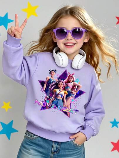 SHEIN Explorewe 年轻女孩舒适秋冬风格休闲时尚创意个性清新简约高端酷虚拟偶像明星字母图形印花舒适卫衣