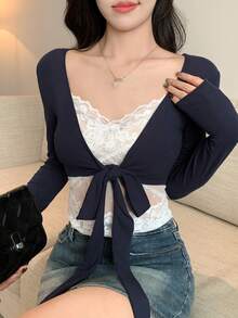 DAZY Women's Lace Patchwork Tie-Up Cropped Long Sleeve Top, Elegant & Sexy T-Shirt - Navy Blue - View 2