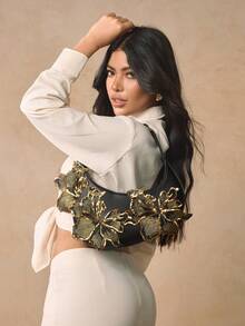 SHEIN SXY 女士、女式单肩包、流浪包、粉色、刺绣亮片贴花、花朵、时尚、优雅、浪漫、简约、个性化、多功能、适合度假、节日、约会、日常、下午茶、派对、舞会、俱乐部、约会、生日、晚会、夜间约会 - 黑色 - 查看 2