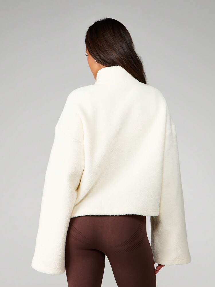 MISSGUIDED Cropped Sherpa Zip Up Jacket With Stand Collar And Button Details For Fall Winter