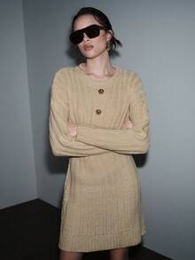 SHEIN Luminelle Women's Fashionable & Elegant Cable Knit Twist Rope Sweater Dress - Apricot - View 4