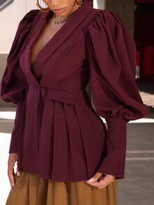 Vixey Blazer burdeos con cuello de chal, manga abullonada con volumen, plisado en el bajo - Rojo violeta - Ver 5