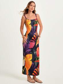 CAJUNI x Carol Peixinho Women's Casual Vacation Parrot & Turtle Print Beaded Spaghetti Strap Mid-Length Dress - Date Outfit - Tropical Elegant Dress For Women,Elegant Dresses For Party, Resort Wear Curve, Curve Maxi Dress, Caribbean Outfits For Women, Bodycon Maxi Dress, Tropical Maxi Dress