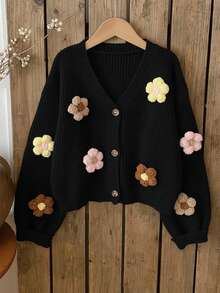 SHEIN Vintaside Kids 可爱彩色3D花卉杏色开衫毛衣，适合青少年女孩秋冬 - 黑色 - 查看 6