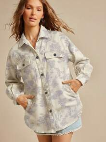 WESTFADE Floral Print Collared Button Front Long Sleeve Oversized Denim Jean Shirt Jacket Shacket Fall Back To School Country Concert - Yellow - View 6