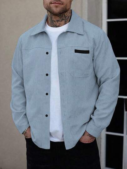 Manfinity Homme Men's Shirt Jacket, Men's Front Button Long-Sleeved Pocket Simple Shirt Jacket, Casual Daily Wear, Men's Jacket, Men's Shirt Jacket, Autumn And Winter Men's Jacket, Boyfriend Gift, Go Out Warm Long-Sleeved Casual Corduroy Flannel Jacket