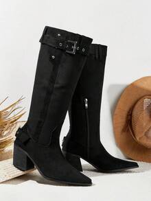 Styleloop Stivali alti da donna con decorazione alla caviglia, punta quadrata e tacco largo - nero - Visualizzare 1