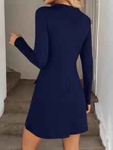 Easowa Hochkragiges, tailleneingeschnürtes, figurbetontes A-Linien-Minikleid mit langen Ärmeln, lässig und locker, im Vintage-Stil für Damen, Herbst/Winter - marineblau - Übersicht 2