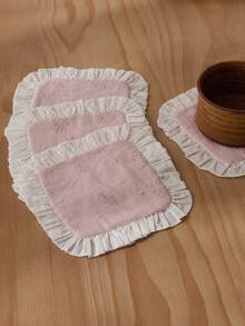 粉色、米色、杏色荷叶边刺绣棉质杯垫，精致咖啡杯垫，隔热垫，保护桌面
