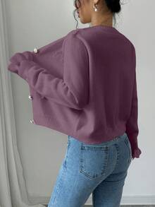 Elenzga Cárdigan casual de uso diario y para ir al trabajo, con decoración de lazo y botones, dunicolordo, para otoño/invierno - Morado - Ver 2
