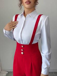 Elenzga Women's Elegant Romantic Straight Leg Pants With Suspender Waist And Button Decor - Red - View 4