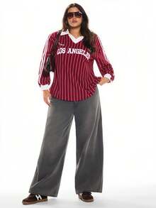 Solavibe Áo thun họa tiết cỡ lớn cho nữ, Áo thun Jersey, Áo dễ thương, Áo đi chơi, Áo phông cỡ lớn, Áo phông dài tay in chữ họa tiết sọc dọc màu tương phản dáng rộng thoải mái cho phụ nữ cỡ lớn - Đỏ và trắng - Xem 7