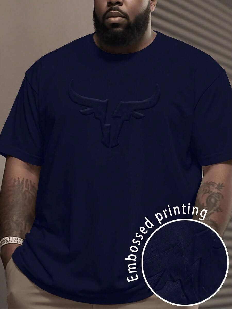 Manfinity Homme Plus Size Men's Casual Ox Head Embossed Round Neck Short Sleeve T-Shirt