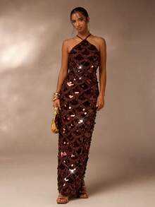 Glamine 女士亮片吊带连衣裙，时尚派对装 - 咖啡 - 查看 7