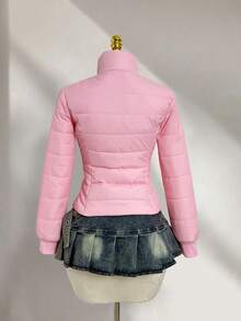 Elamini 女士休闲时尚百搭口袋收腰加厚外套，适合秋冬季外出、通勤和聚会 - 粉色 - 查看 3
