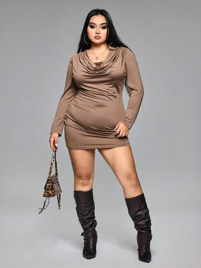 Grunge Punk Große Größen Braunes Grunge-Punk-Streetstyle-Kleid im Farbblock-Look, 2-in-1-Design, Rundhalsausschnitt, lange Ärmel, figurbetont, für Herbst/Winter, lässiges Y2K-J-Fashion-Kleid