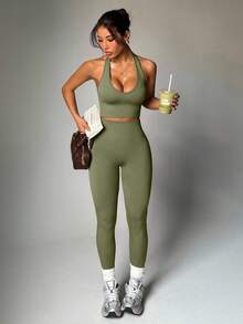 Dewbera Women's Halter Neck Sleeveless Top And High Waist Leggings Sports Suit Athletic Two Piece Set - Green - View 7