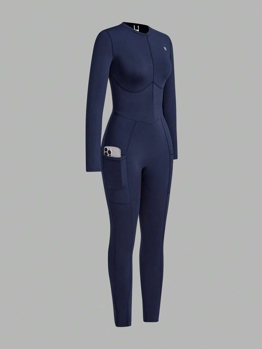 Exploreva Women's Solid Color Side Pocket Slim Fit Jumpsuit - Blue - View 1